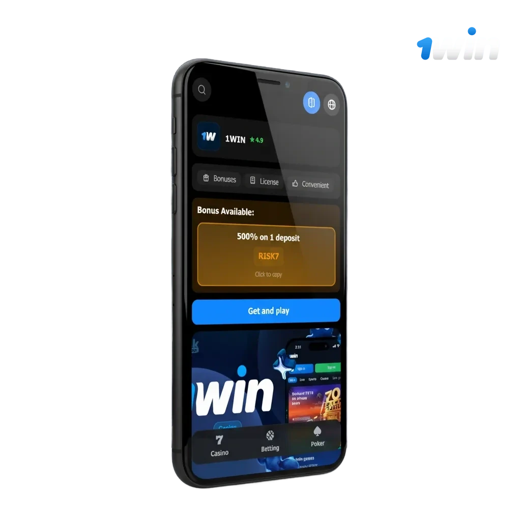 1win iOS app for India: iPhone with 1win logo, cricket and casino icons, Download for iOS button, 500% bonus up to ₹75,000.
