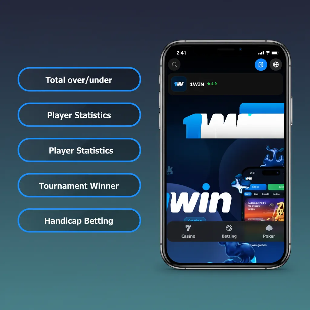 1win app screen showing bet types: Single, Accumulator, System, Handicap, Over/Under, Live; match your risk.